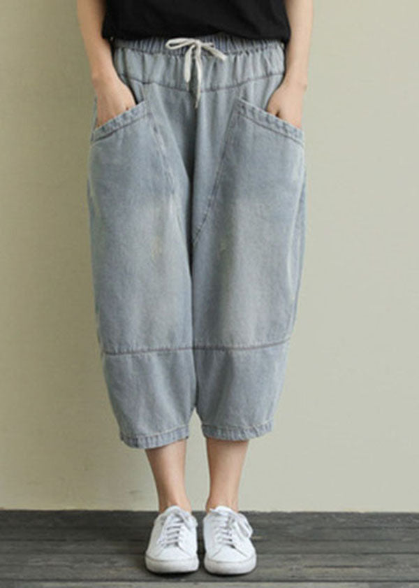 Unique Blue Pockets Patchwork Drawstring Denim Crop Pants