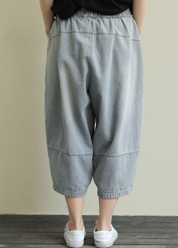 Unique Blue Pockets Patchwork Drawstring Denim Crop Pants