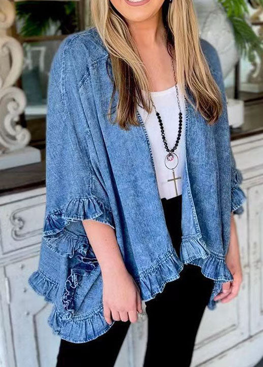 Unique Blue Ruffled Patchwork Denim Cardigans Coat