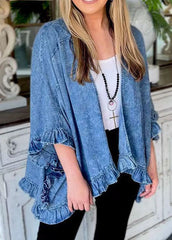 Unique Blue Ruffled Patchwork Denim Cardigans Coat