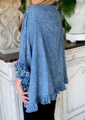 Unique Blue Ruffled Patchwork Denim Cardigans Coat