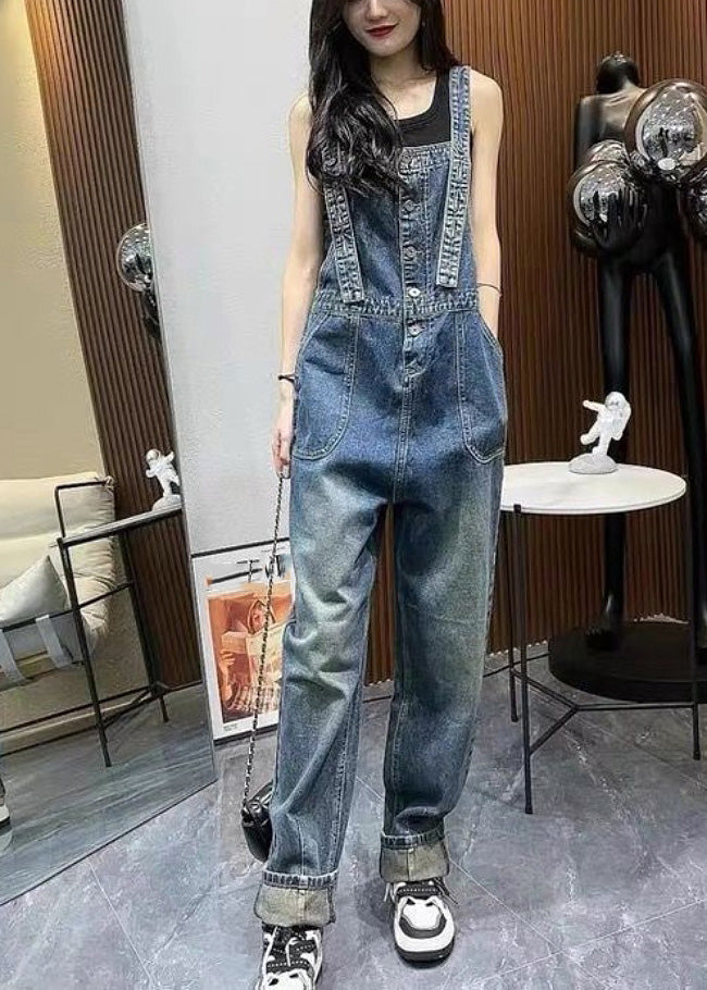 Unique Blue Slash Neck Patchwork Denim Straight Jumpsuit