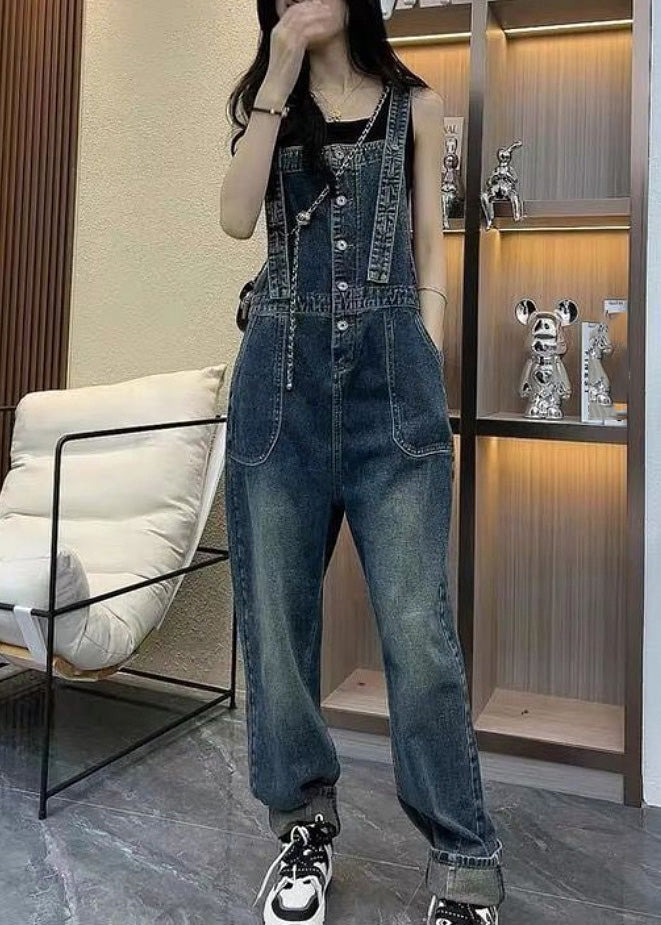 Unique Blue Slash Neck Patchwork Denim Straight Jumpsuit