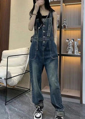 Unique Blue Slash Neck Patchwork Denim Straight Jumpsuit