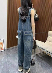 Unique Blue Slash Neck Patchwork Denim Straight Jumpsuit