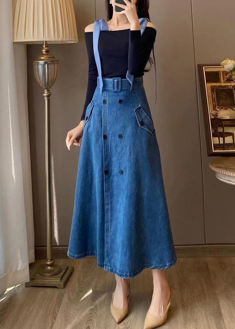 Unique Blue Slash Neck Patchwork Top And Denim Maxi Skirts Two Pieces Set Fall