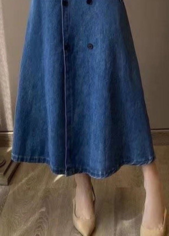 Unique Blue Slash Neck Patchwork Top And Denim Maxi Skirts Two Pieces Set Fall