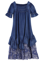 Unique Blue Square Collar Patchwork Lace Cotton Denim Dress Short Sleeve