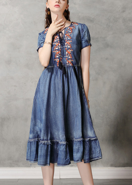 Unique Blue V Neck Ruffled Cinched Embroideried Cotton Denim Dresses Short Sleeve