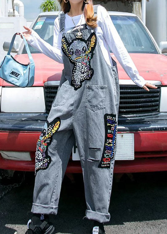 Unique Dark Grey Nail Bead Cartoon Sequins Patchwork Denim Wide Leg Jumpsuit