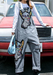 Unique Dark Grey Nail Bead Cartoon Sequins Patchwork Denim Wide Leg Jumpsuit