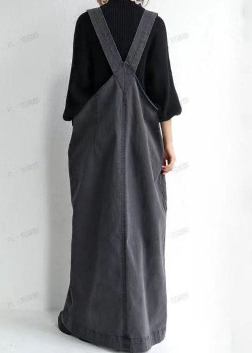 Unique Dark Grey V Neck Pockets Patchwork Denim Carpenter Dress