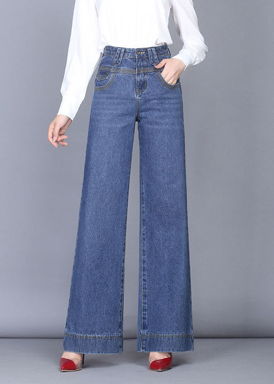 Unique Denim Blue High Waist Zip Up Pockets Draping Cotton Wide Leg Pants