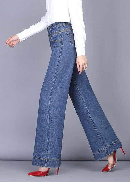 Unique Denim Blue High Waist Zip Up Pockets Draping Cotton Wide Leg Pants