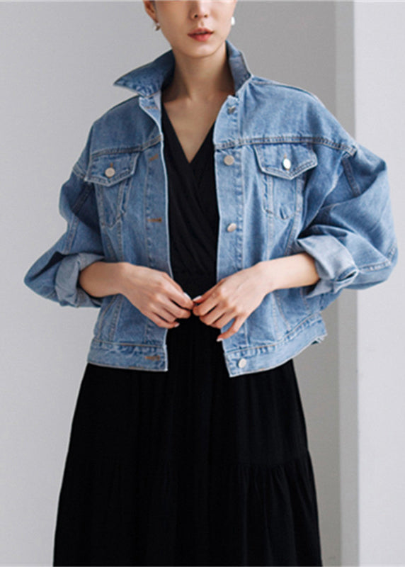 Unique Denim Blue Peter Pan Collar Button Pockets Patchwork Coats Long Sleeve