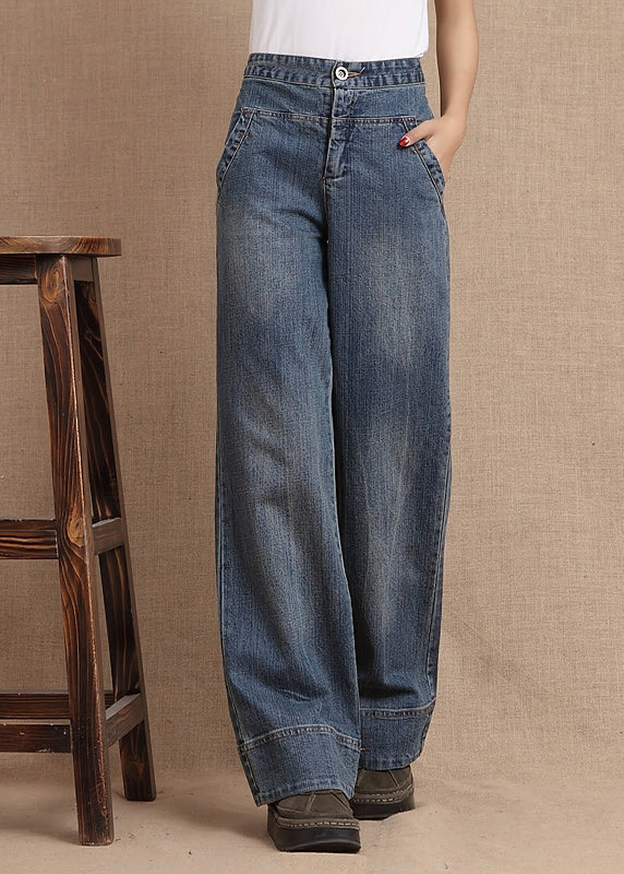 Unique Denim Blue Pockets High Waist Cotton Wide Leg Pants Fall