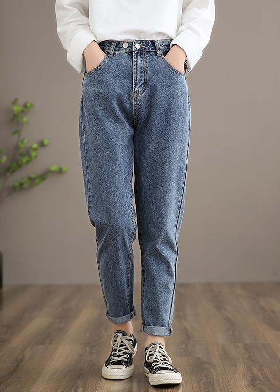 Unique Denim Dark Blue High Waist Elastic Waist Pattern Wild Pants