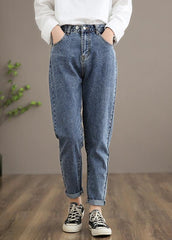 Unique Denim Dark Blue High Waist Elastic Waist Pattern Wild Pants