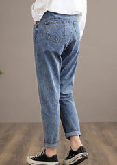 Unique Denim Dark Blue High Waist Elastic Waist Pattern Wild Pants