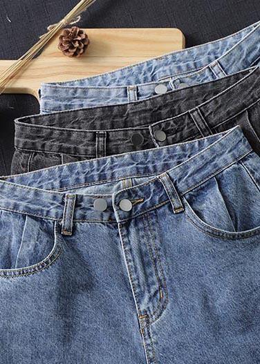 Unique Denim Dark Blue High Waist Elastic Waist Pattern Wild Pants