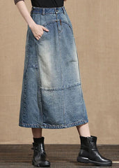 Unique Light Blue Elastic Waist Pockets Cotton Denim Skirt