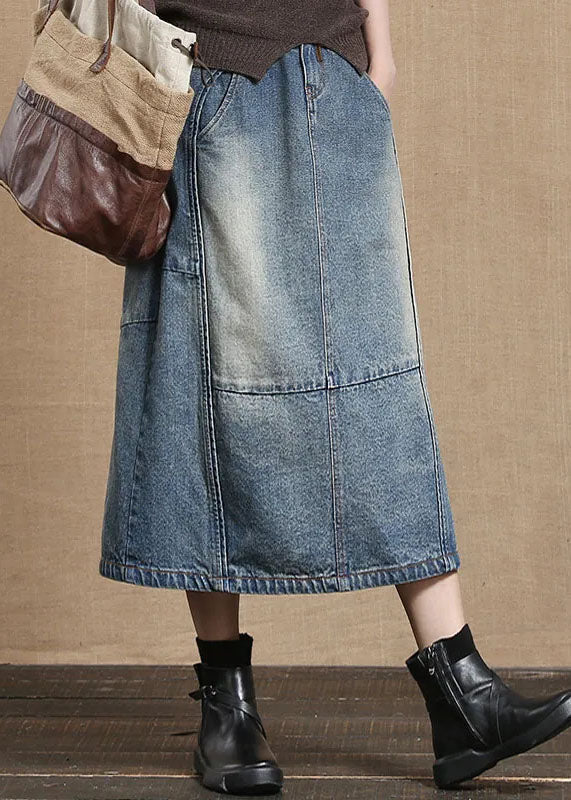 Unique Light Blue Elastic Waist Pockets Cotton Denim Skirt