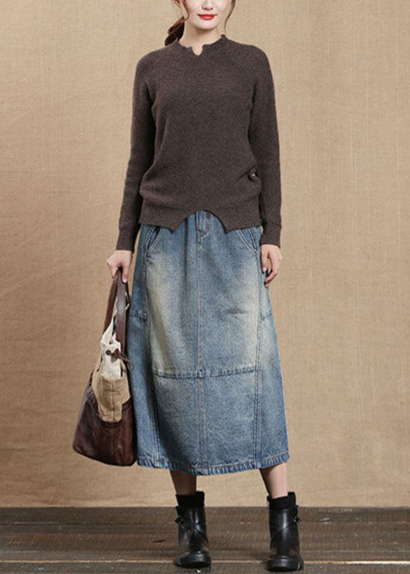 Unique Light Blue Elastic Waist Pockets Cotton Denim Skirt