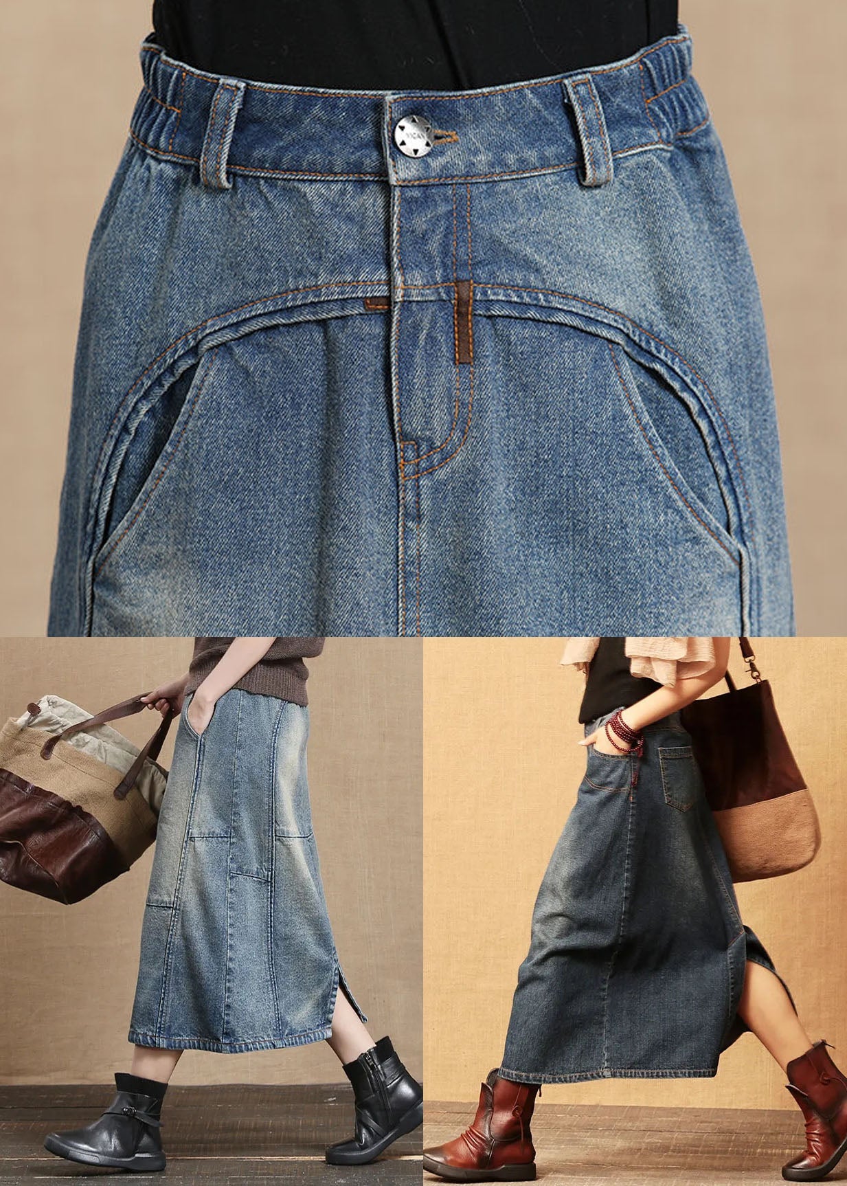 Unique Light Blue Elastic Waist Pockets Cotton Denim Skirt