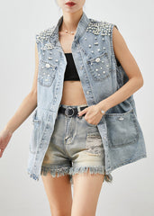 Unique Light Blue Oversized Pearl Pockets Denim Vest Fall