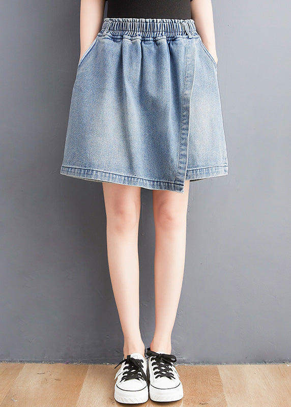 Unique Light Blue Patchwork Elastic Waist Denim Shorts