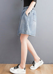 Unique Light Blue Patchwork Elastic Waist Denim Shorts