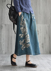 Unique Navy Patchwork Embroideried Denim Skirt