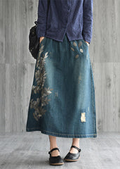 Unique Navy Patchwork Embroideried Denim Skirt