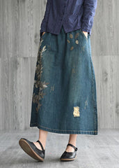 Unique Navy Patchwork Embroideried Denim Skirt