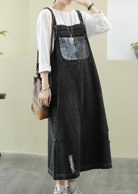 Unique Slash neck Hole Long dress Sewing denim black Plus Size Dress