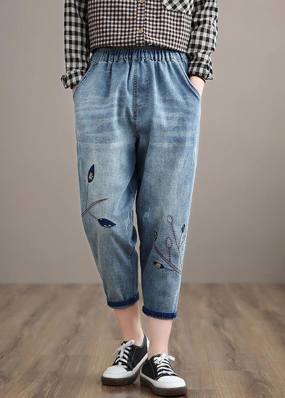 Unique Trousers Casual Denim Blue Wardrobes Elastic Waist Leaf Pant