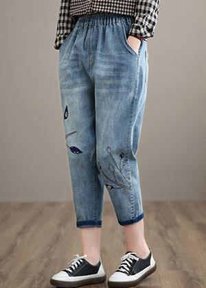 Einzigartige Hosen Casual Denim Blue Wardrobes Elastische Taille Blatt Hose