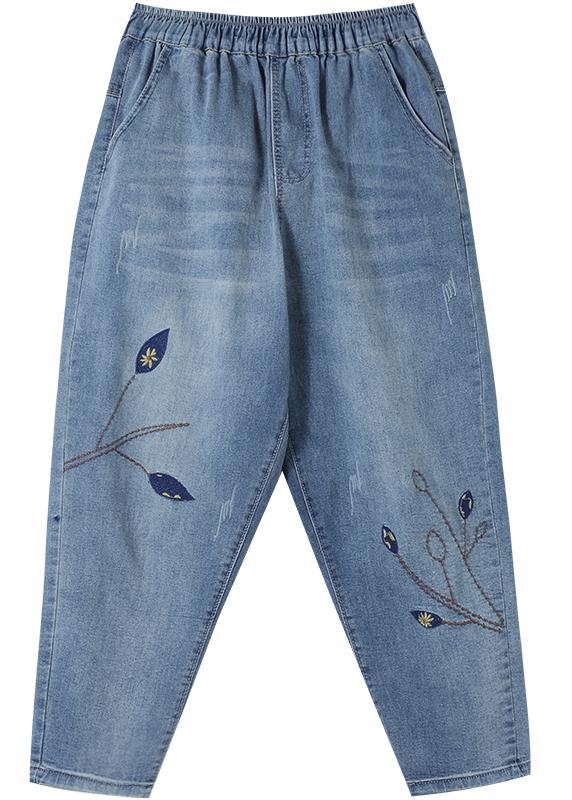 Unique Trousers Casual Denim Blue Wardrobes Elastic Waist Leaf Pant