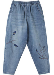 Unique Trousers Casual Denim Blue Wardrobes Elastic Waist Leaf Pant