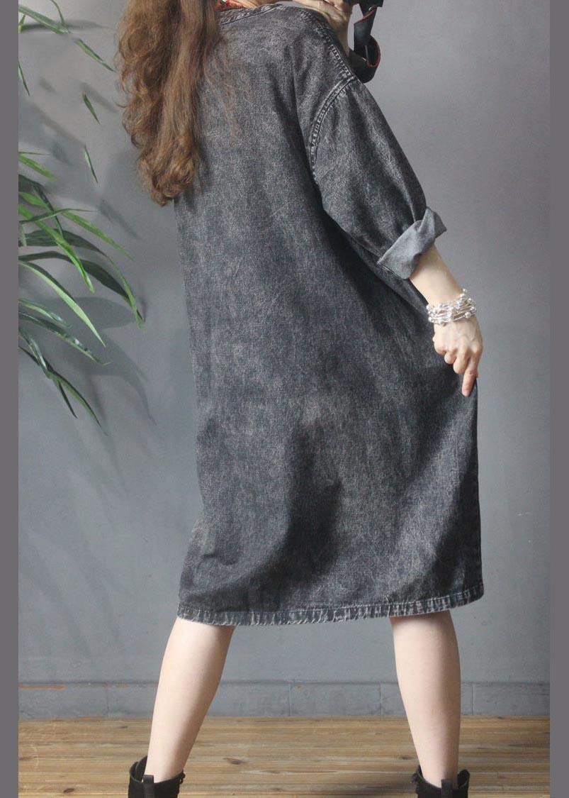 V-neck Baggy Pockets Denim Dress