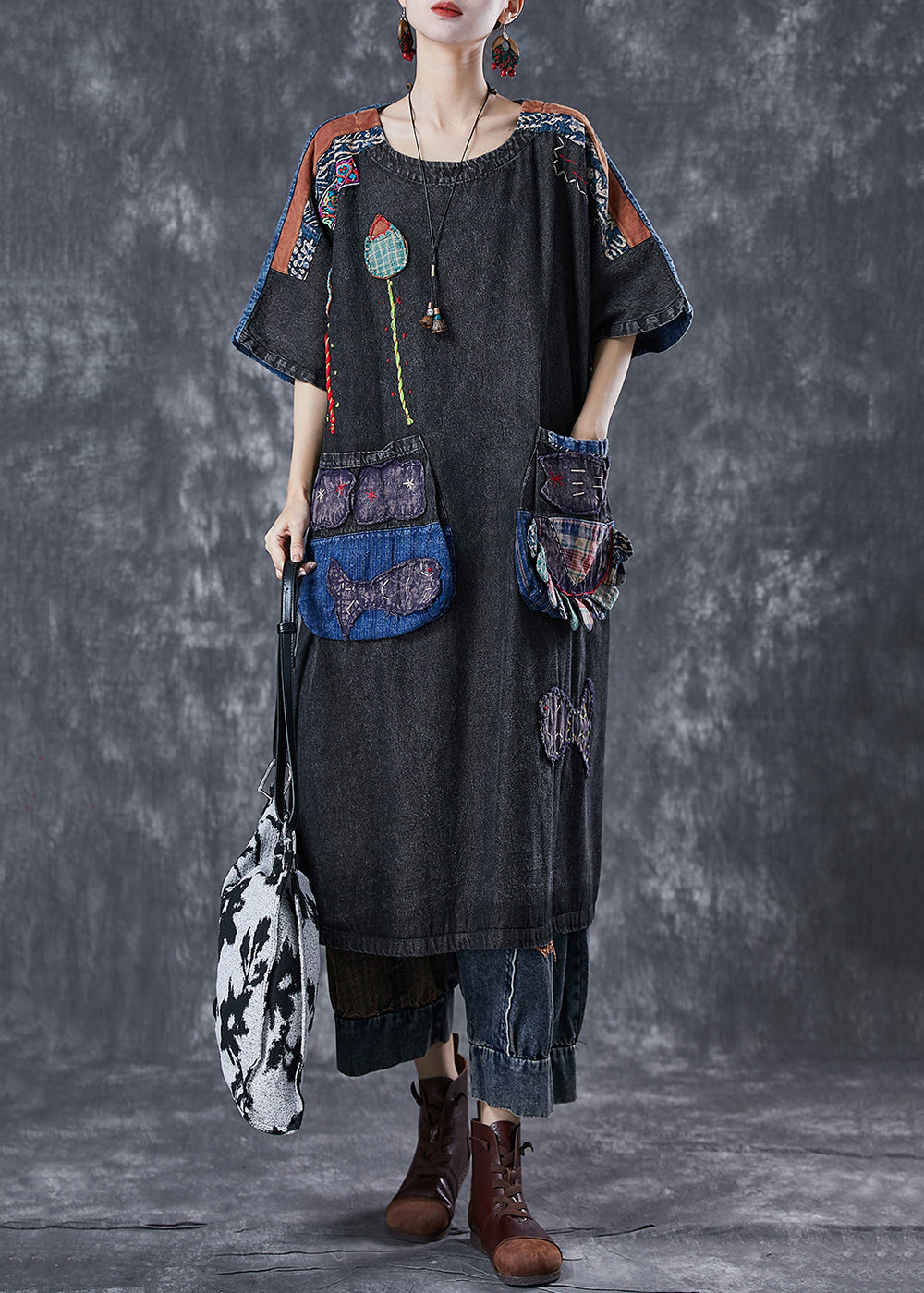 Vintage Black Embroideried Patchwork Applique Denim Maxi Dresses