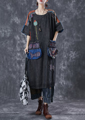 Vintage Black Embroideried Patchwork Applique Denim Maxi Dresses