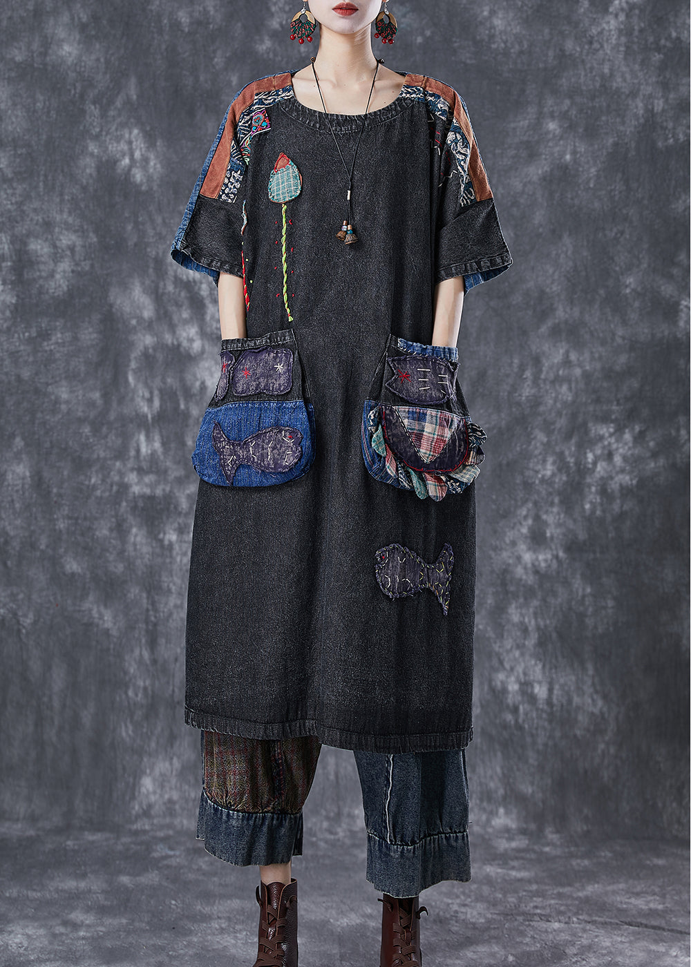 Vintage Black Embroideried Patchwork Applique Denim Maxi Dresses