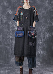 Vintage Black Embroideried Patchwork Applique Denim Maxi Dresses