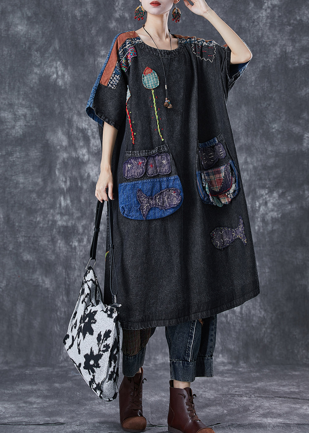 Vintage Black Embroideried Patchwork Applique Denim Maxi Dresses