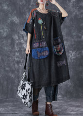 Vintage Black Embroideried Patchwork Applique Denim Maxi Dresses