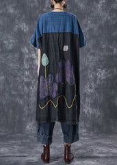 Vintage Black Embroideried Patchwork Applique Denim Maxi Dresses