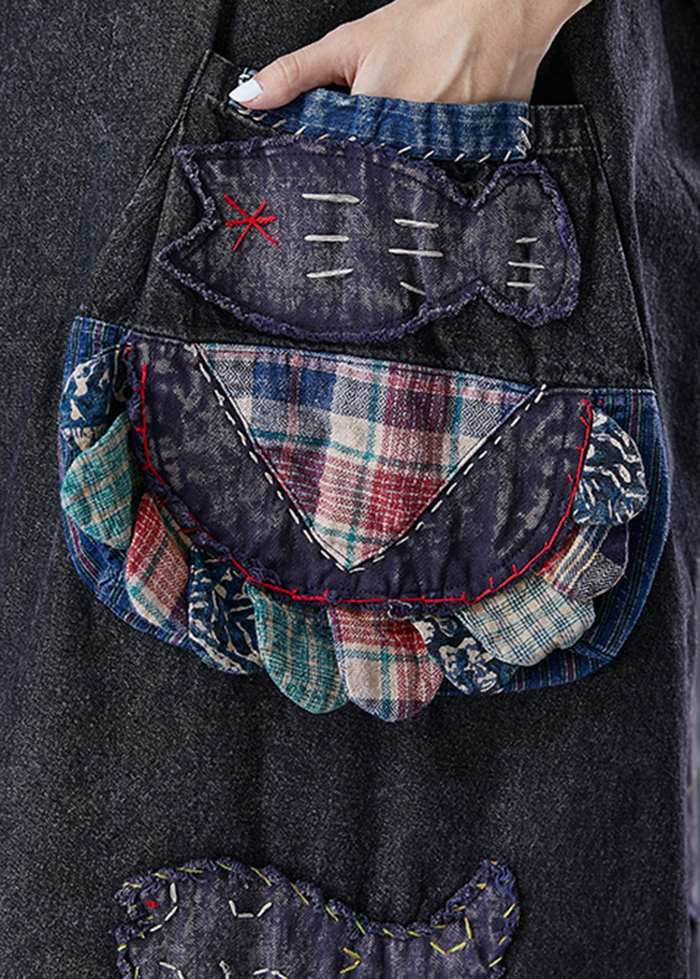 Vintage Black Embroideried Patchwork Applique Denim Maxi Dresses