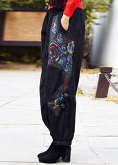 Pantalones harén de mezclilla de algodón con cintura elástica, bordados, negros y grises, estilo vintage.