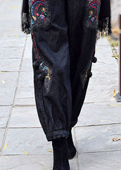 Pantalones harén de mezclilla de algodón con cintura elástica, bordados, negros y grises, estilo vintage.